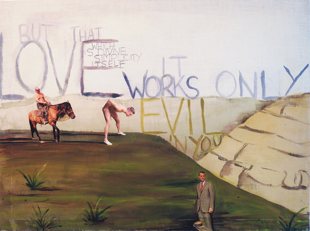 Carl Ferrero, “Love works evil in you,” 2015. Fabric paint, collage and oil on linen, 30 x 36"