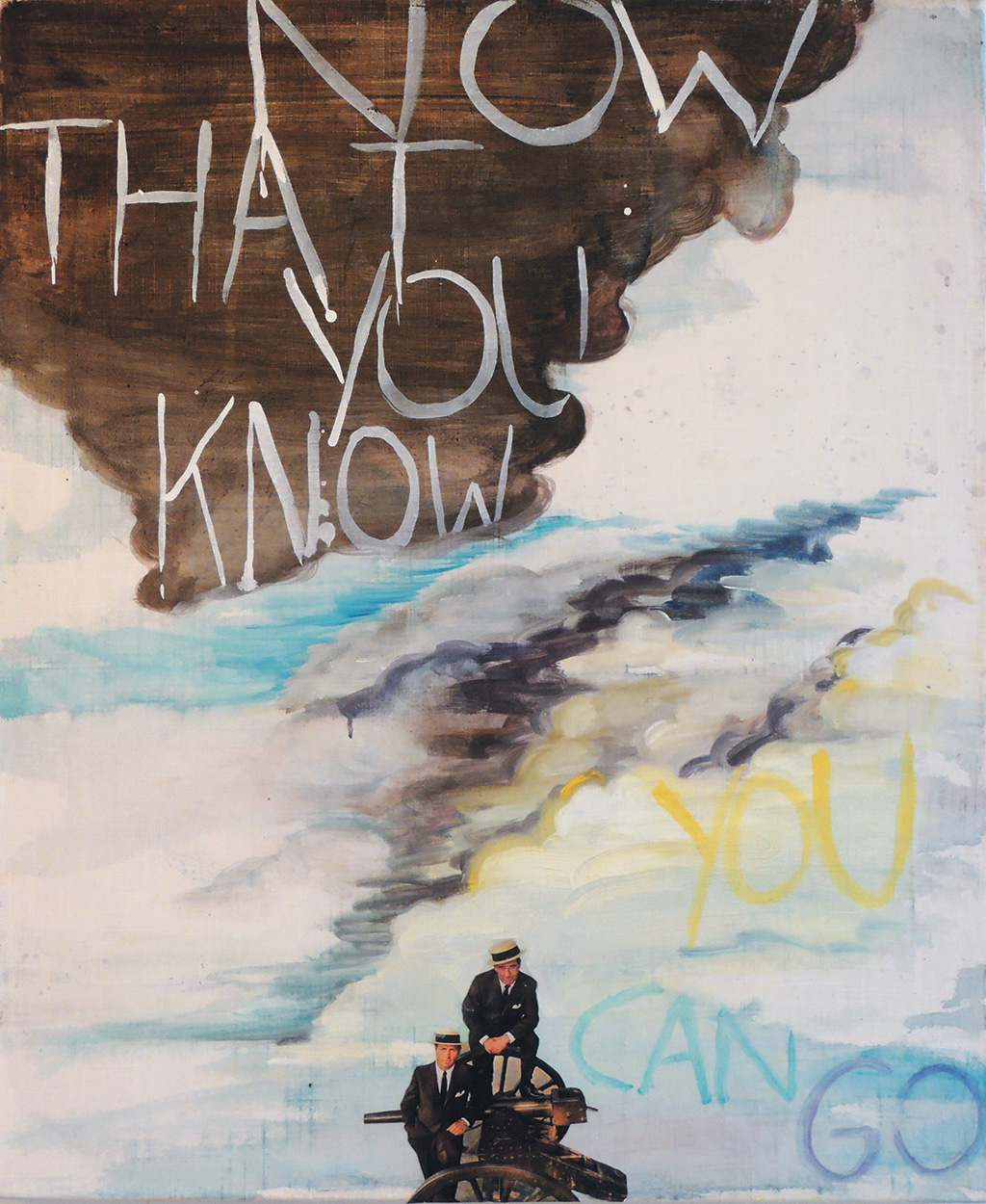 Carl Ferrero, “Now that you know,” 2015. Fabric paint, collage and oil on linen, 34 x 26"